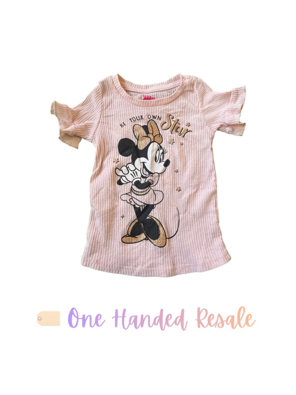🎀 Disney Kids Light Pink Minnie Mouse Short Sleeve Ribbed Tee w/ Glitter Bow 3T